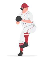 Baseball player preparing to pitch illustration in flat style on white background. A baseball player in a red cap and glove is preparing to hit. Character isolate. © Анастасия Гудантова