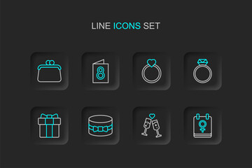 Set line Calendar with 8 March, Glass of champagne, Gift box and heart, Diamond engagement ring, Greeting card and Handbag icon. Vector