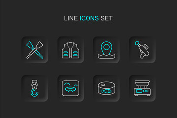 Fototapeta premium Set line Electronic scales, Canned fish, Winter fishing, Spring, Fishing harpoon, Location, jacket and Crossed oars or paddles boat icon. Vector