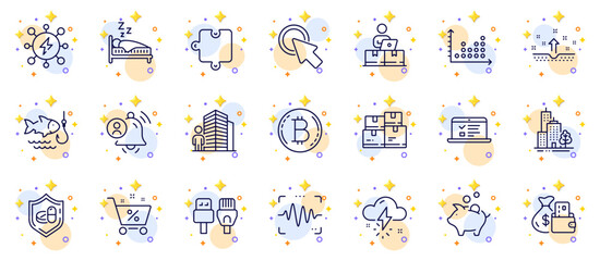 Outline set of Change money, Voice wave and Bitcoin line icons for web app. Include Computer cables, Fishing, Online storage pictogram icons. Medical tablet, Agent, Skyscraper buildings signs. Vector