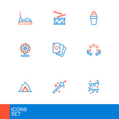 Set line Carnival garland with flags, Magic wand, Circus tent, Juggling ball, Ferris wheel, Playing cards, Ice cream waffle and Drum drum sticks icon. Vector