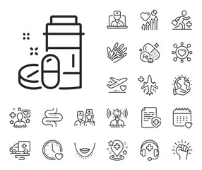 Medicine pills sign. Online doctor, patient and medicine outline icons. Medical drugs bottle line icon. Pharmacy medication symbol. Medical drugs line sign. Vector