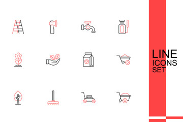 Set line Wheelbarrow, Lawn mower, Garden rake, Tree, Pack full of seeds, Leaf in hand and Flower icon. Vector