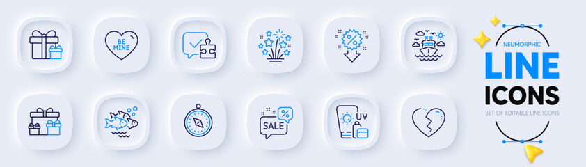 Discount, Fireworks stars and Travel compass line icons for web app. Pack of Ship travel, Surprise package, Surprise boxes pictogram icons. Discounts bubble, Fish school, Be mine signs. Vector