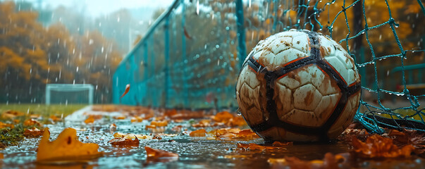A textured soccer game field with a ball positioned in front of the soccer goal, and a soccer ball nestled in the soccer net. - obrazy, fototapety, plakaty