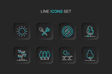 Set line Fruit tree, Plant sprouts grow in the sun, trees, Sprout, Stop colorado beetle, Shovel and rake and Sun icon. Vector