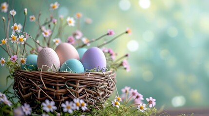 Soft pastel-colored Easter eggs arranged in a basket with spring flowers, creating a festive and vibrant banner background. [Egg basket celebration]