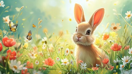 A cheerful Easter bunny surrounded by flowers and butterflies, creating a joyful and whimsical banner design. [Bunny and blooms joy]