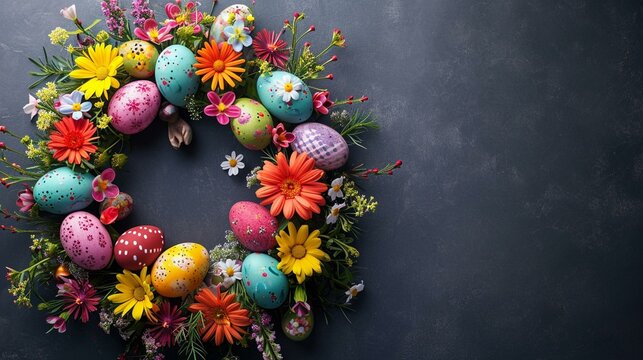 A festive Easter wreath made of colorful eggs and spring flowers, forming a decorative and celebratory banner background. [Egg and flower wreath]