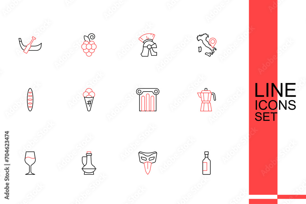 Wall mural Set line Bottle of wine, Carnival mask, olive oil, Wine glass, Coffee maker moca pot, Ancient column, Ice cream waffle and French baguette bread icon. Vector