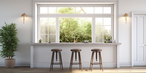  a white kitchen bar with windows, stools, and doorway.