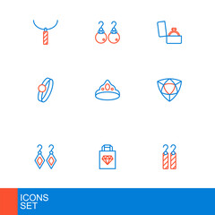 Set line Earrings, Shopping bag jewelry, Diamond, engagement, King crown, box and icon. Vector