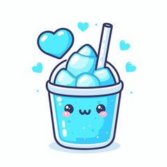 Cute kawaii drink with ice cubes in a cup with a straw and blue hearts, Vector illustration, generative ai