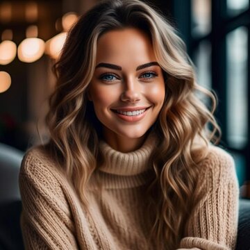 young smiling woman with curly blonde hair in beidge sweater 