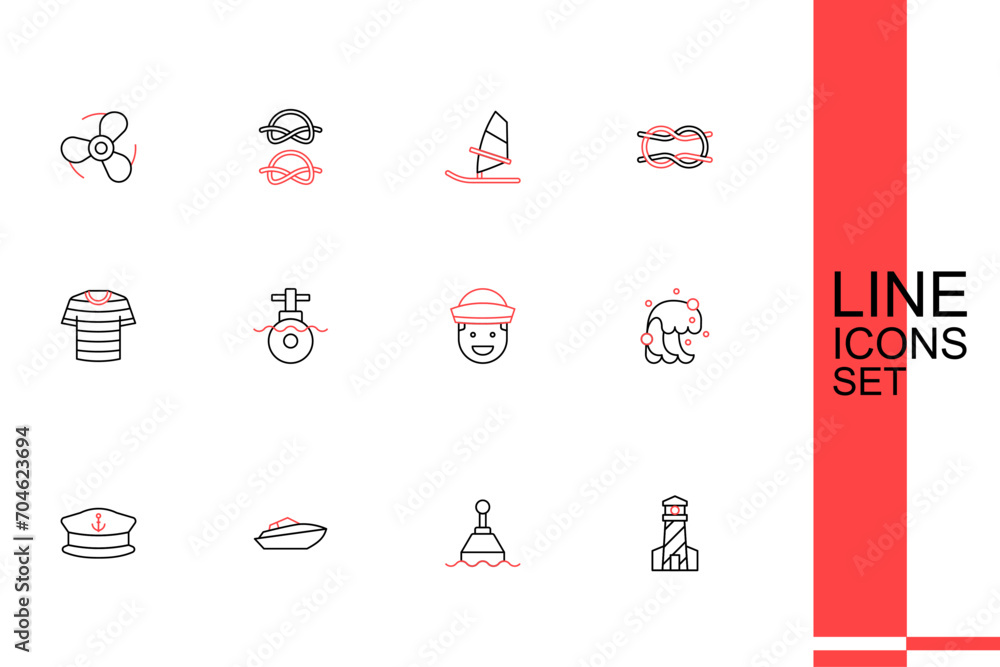 Sticker Set line Lighthouse, Floating buoy, Speedboat, Captain hat, Tsunami, Sailor, Submarine and Striped sailor t-shirt icon. Vector