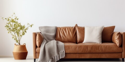 Fototapeta na wymiar Modern living room design with a brown eco leather couch, soft cushions, and a knitted white blanket near a wall indoors, showcasing the concept of dry cleaning furniture.