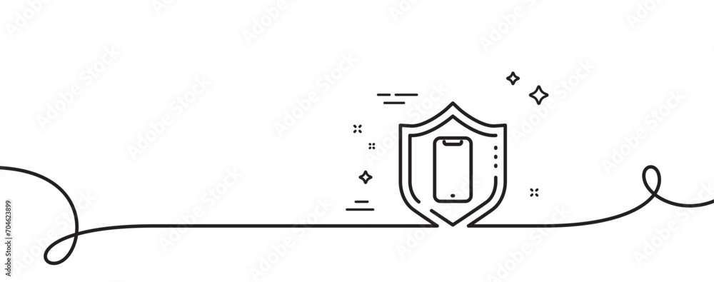 Poster smartphone protection line icon. continuous one line with curl. phone shield sign. mobile device sym
