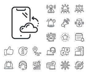 Phone backup sign. Place location, technology and smart speaker outline icons. Smartphone cloud line icon. Mobile device symbol. Smartphone cloud line sign. Influencer, brand ambassador icon. Vector