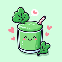 Healthy green smoothie with spinach and hearts, Cute cartoon character. kawaii vector illustration, generative ai