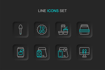 Set line Online ordering food, Soda can, Lunch box, Coffee cup to go, and Spoon icon. Vector