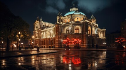 Fototapeta na wymiar Night view of the Opera and Ballet Theatre in Prague, Czech Republic