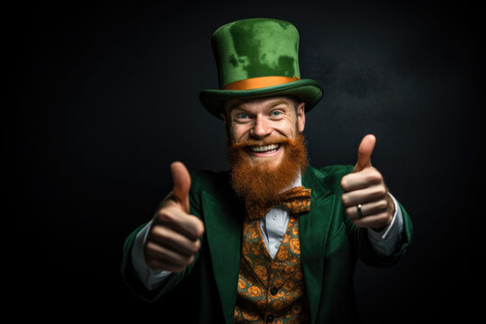 st patrick day man in st patrick costume on dark background smiling and giving a thumbs up you're in luck