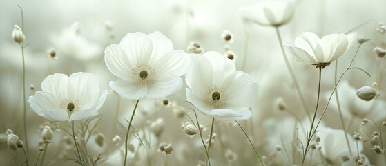 High-key photograph of delicate white flowers with subtle greenery, creating a soft and serene banner background. [Floral purity]