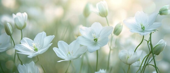 High-key photograph of delicate white flowers with subtle greenery, creating a soft and serene banner background. [Floral purity] - obrazy, fototapety, plakaty