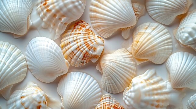 A series of white seashells arranged in a pattern, offering a natural and coastal-inspired banner background. [Seashell patterns]