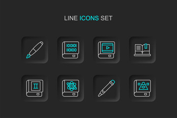 Fototapeta premium Set line Ancient magic book, Pencil with eraser, Book about physics, Open, cinema, Books programming and Fountain nib icon. Vector