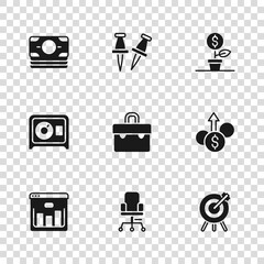 Set Office chair, Financial growth dollar, Target financial goal, Briefcase, Dollar plant, Stacks paper money cash, Push pin and Safe icon. Vector