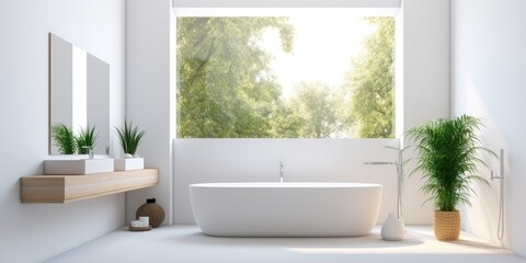 Contemporary house with elegant light bathroom featuring white ceramic bathtub, sink, and mirror on white walls.