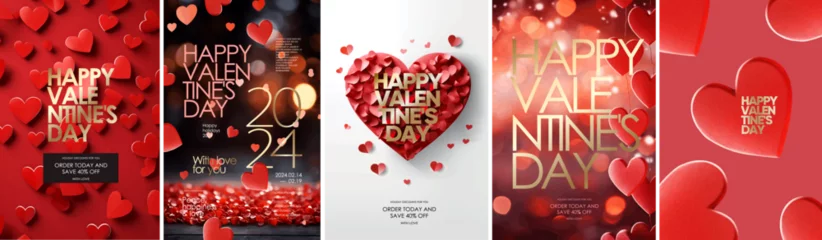 Tapeten Happy Valentine's Day. Vector illustration of a background of red hearts, cut out hearts, love and gold text for a sale poster, flyer or greeting card © Ardea-studio