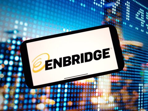 Konskie, Poland - January 07, 2024: Enbridge company logo displayed on mobile phone