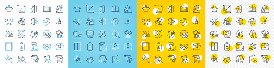 Vector icons set of Engineering team, Lift and Quality line icons pack for web with Strategy, Petrol station, Customisation outline icon. Get box, Diesel, Lighthouse pictogram. Entrance. Vector
