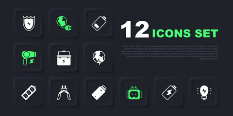 Set Battery charge, Creative lamp light idea, Toolbox electrician, Tee plug, Hair dryer, Pliers tool, Global energy planet with and icon. Vector