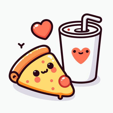 Cute and kawaii pizza slice and soda can with a red heart, tasty food icon, and Vector illustration, generative ai