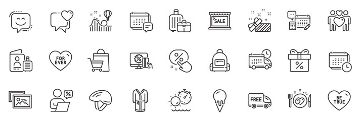 Icons pack as For ever, Present and Ice cream line icons for app include Bicycle helmet, Discount offer, Sale outline thin icon web set. Be true, Heart, Love couple pictogram. Message. Vector
