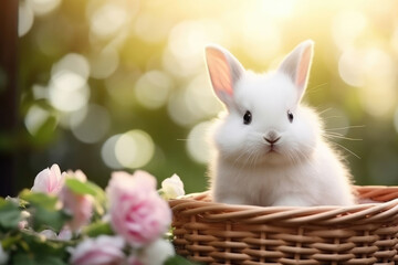 Little rabbit or bunny in the wicker basket with easter eggs and flowers in spring in the garden