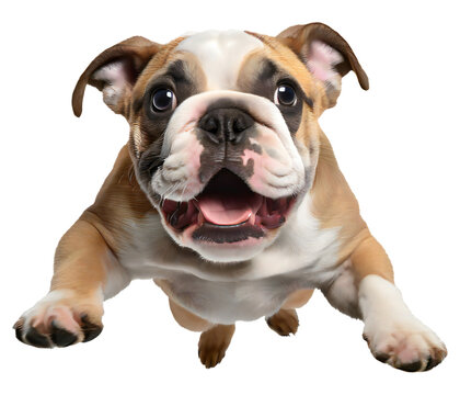 Cute bulldog puppy jumping. Playful dog cut out at background.