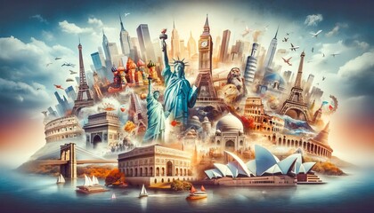 Collage of World Landmarks Illustrating the Concept of Globalization - obrazy, fototapety, plakaty