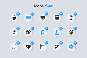 Set Whistle, Heart rate, Ribbon in finishing line, Medieval bow, Volleyball ball, Stopwatch, American Football and Medal with star icon. Vector