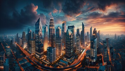 Futuristic Cityscape at Twilight Signifying Urban Growth and Globalization