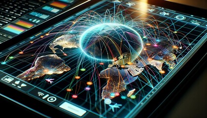 Interactive Digital Interface Displaying Global Network Connectivity