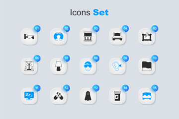 Set Sleeping pill, Table lamp, Travel neck pillow, Sleepy, Big bed, Pillow, Bed and Eye sleep mask icon. Vector