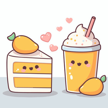 Mango smoothie and sweet cake kawaii cartoon vector illustration with red hearts, generative ai
