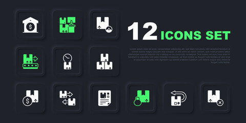 Set Return cardboard box, Carton, Cardboard with clock, Conveyor belt, traffic symbol, Warehouse boxes and Waybill icon. Vector