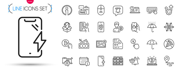 Pack of Money tax, Smartphone charging and Notification bubble line icons. Include Like app, Fingerprint, Person idea pictogram icons. Bitcoin pay, Notification cart, Fake document signs. Vector - obrazy, fototapety, plakaty