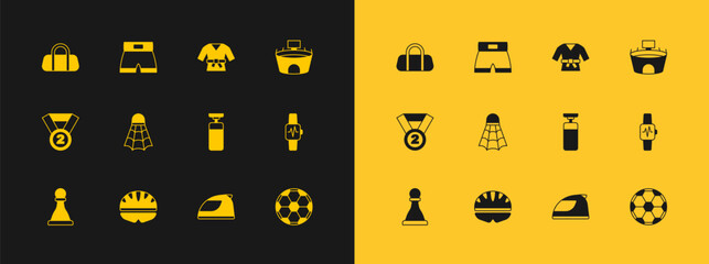 Set Stadium, Bicycle helmet, Punching bag, Racing, Badminton shuttlecock, Kimono, Sport and Boxing short icon. Vector