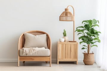 Rattan armchair and floor lamp in living room interior with plants. Generative AI